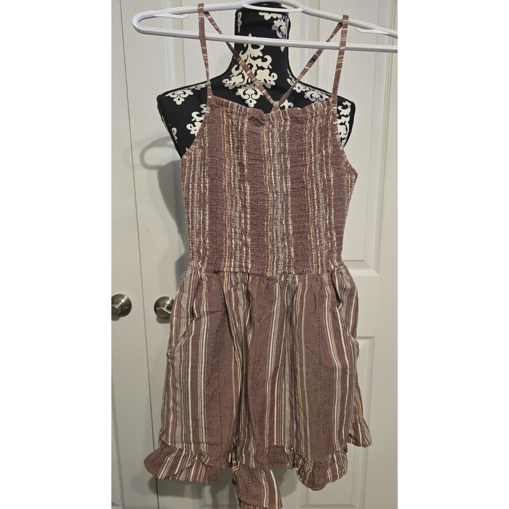 Angie Women’s stripe smock sleeveless romper size M Earthy Boho Pockets & Ruffle